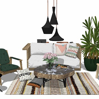 21北欧现代沙发木头茶几休闲椅子边几圆几植物盆栽sketchup草图模型下载