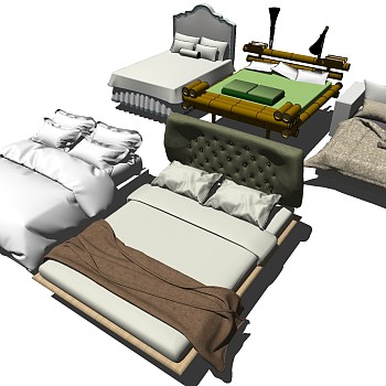 1欧式法式现代简约单人床软包床头组合sketchup草图模型下载