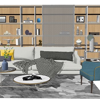 16北欧现代沙发茶几单人沙发椅子书柜毛毯sketchup草图模型下载