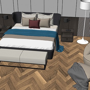 15现代北欧简欧式高级灰双人床床头柜台灯沙发组合休闲沙发sketchup草图模型下载