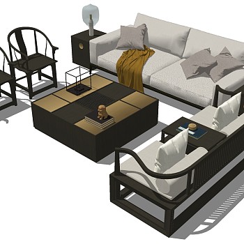 15新中式古典实木家具沙发茶几圈椅灯几罗汉床卧榻sketchup草图模型下载