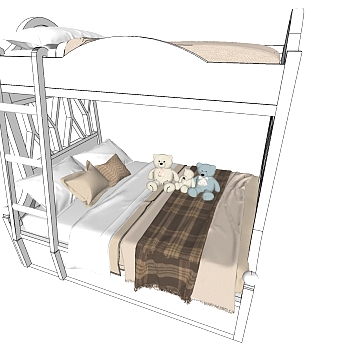 13现代北欧儿童房简约儿童床上下铺玩偶组合sketchup草图模型下载