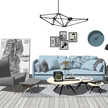 1北欧现代 沙发茶几休闲椅子时钟吊灯挂画 sketchup草图模型下载