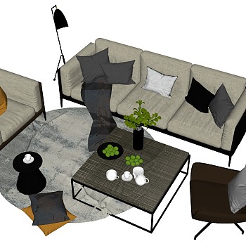3北欧现代新中式单人沙发椅子多人沙发茶几摆件台灯组合sketchup草图模型下载