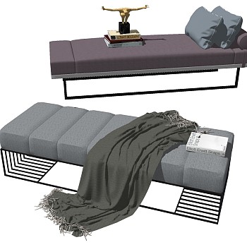 15现代轻奢床尾凳沙发凳毛毯sketchup草图模型下载