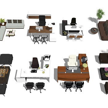 15现代办公室沙发班台老板台办公桌椅子组合sketchup草图模型下载