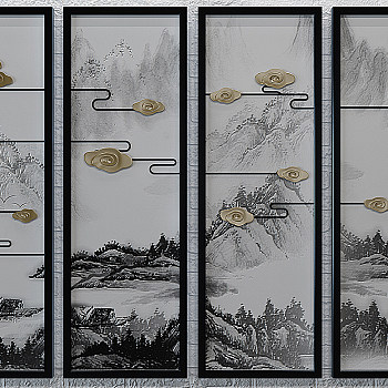 H60-0108[中式] 新中式挂画山水意境装饰画立体画四联画sketchup草图模型下载