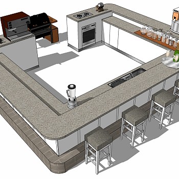 (7)现代水吧台咖啡厅台冷饮甜品店操作台吧台吧椅榨汁机组合sketchup草图模型下载