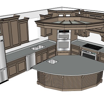 5美式厨房实木橱柜双开门冰箱水槽烤箱组合厨房橱柜sketchup草图模型下载