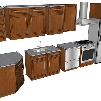 (4)欧式美式木制橱柜水槽烤箱冰箱吸油烟机组合sketchup草图模型下载