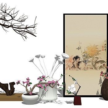 44新中式花瓶花艺插花干支树枝sketchup草图模型下载