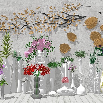 7现代欧式现代玻璃花瓶花卉插花花艺树枝sketchup草图模型下载