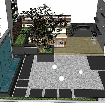 34新中式户外庭院景观屋顶花园景观植物花池sketchup草图模型下载
