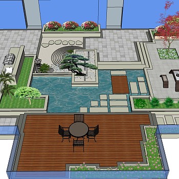 中式户外景观庭院花园水晶沙发椅子茶台烧烤台sketchup草图模型下载
