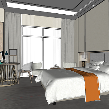 01现代新中式简欧式酒店客房总统套卧室双人床台灯sketchup草图模型下载