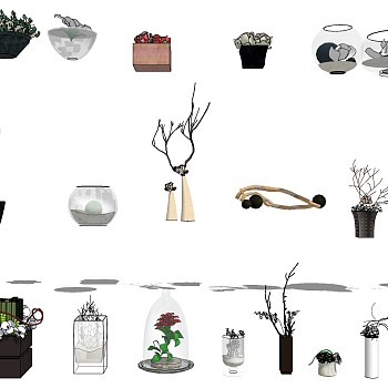 植物盆栽花艺组合新中式花瓶sketchup草图模型下载