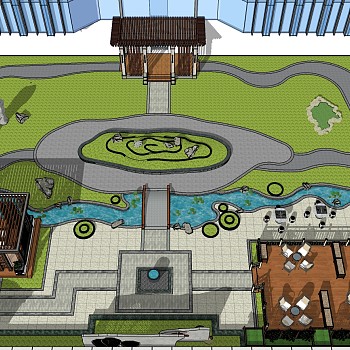 30新中式户外庭院景观花园屋顶花园凉亭阳光房沙发水景sketchup草图模型下载