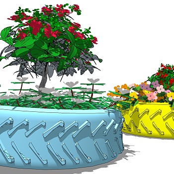 45车轮轮胎花槽庭院盆栽植物摆件sketch up草图模型下载