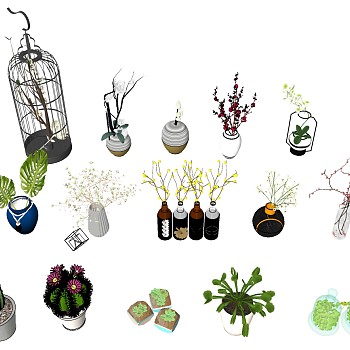 新中式陶瓷鸟笼玻璃花瓶花卉插花花艺sketchup草图模型下载