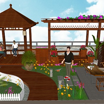 26-中式户外庭院屋顶花园景观凉亭花架连廊sketchup草图模型下载