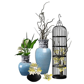 新中式花瓶盆栽陶瓷花瓶鸟笼sketchup草图模型下载