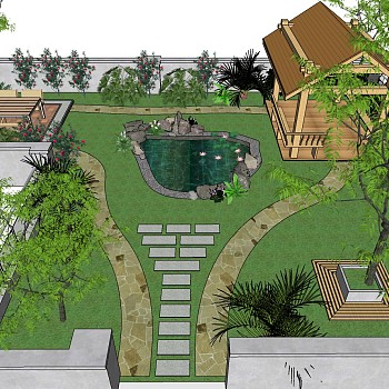 23中式户外景观庭院空中屋顶花园凉亭户外植物水池sketchup草图模型下载