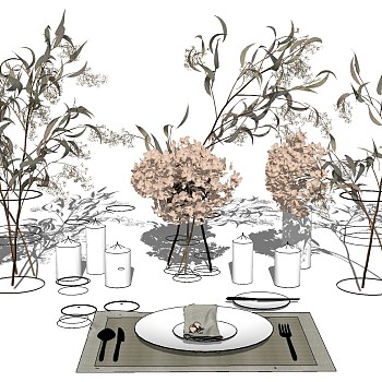 现代植物盆栽装饰花艺花瓶餐具sketchup草图模型下载