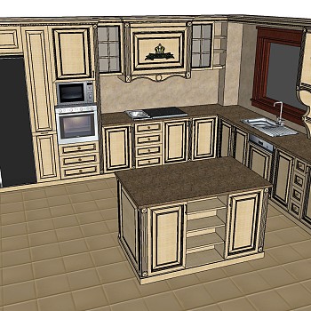 6欧式法式美式实木橱柜水槽烤箱组合橱柜厨房sketchup草图模型下载