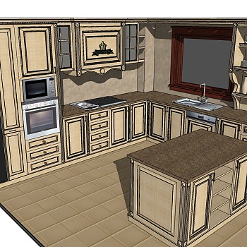 (7)简欧式美式橱柜厨房用具烤箱微波炉水槽碗碟组合岛台sketchup草图模型下载