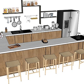 (3)现代简约橱柜厨房用具水槽冰箱吧椅岛台锅隔板摆件调料罐冰箱sketchup草图模型下载