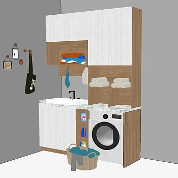 (8)现代木制储物柜衣柜滚筒洗衣机藤编编织竹筐组合sketchup草图模型下载