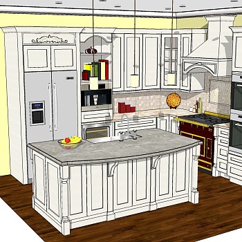 (8)简欧式法式橱柜厨房用具吸油烟机水槽冰箱中岛岛台sketchup草图模型下载