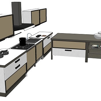 (4)现代简约橱柜厨房用具吸油烟机燃气灶水槽组合sketchup草图模型下载