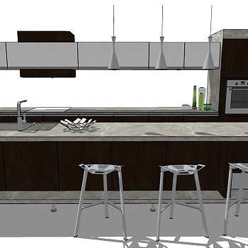 (10)现代简约开放橱柜厨房用具水槽烤箱吧椅吊灯中岛岛台sketchup草图模型下载