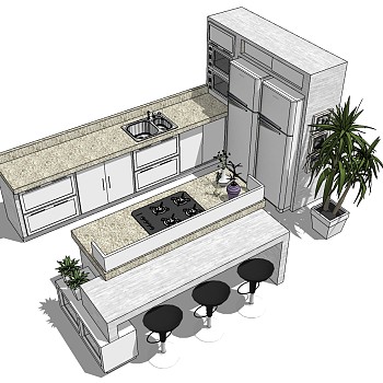 (5)现代橱柜厨房用具吧台吧椅烤箱燃气灶水槽冰箱盆栽燃气灶sketchup草图模型下载