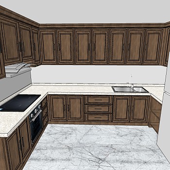 (20)美式欧式法式木制厨房橱柜厨具水槽冰箱sketchup草图模型下载
