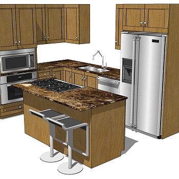 (10)现代木制橱柜吧台吧椅冰箱烤箱中岛岛台sketchup草图模型下载