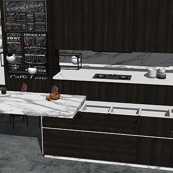 (9)现代简约橱柜厨房用具水槽碗碟组合开放厨房中岛岛台sketchup草图模型下载