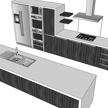 (20)现代简约橱柜厨房用具水槽冰箱吸油烟机烤箱微波炉燃气灶组合中岛岛台sketchup草图模型下载