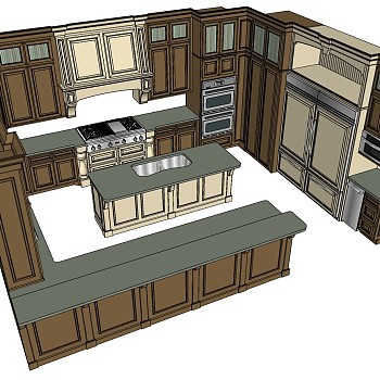 3美式厨房实木橱柜厨具水槽组合sketchup草图模型下载