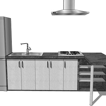 (8)现代厨房橱柜吸油烟机水槽冰箱吧台组合sketchup草图模型下载