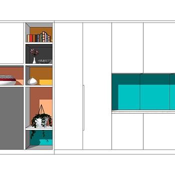 (12)现代北欧简约橱柜衣柜储物柜书本盆栽冰箱组合sketchup草图模型下载