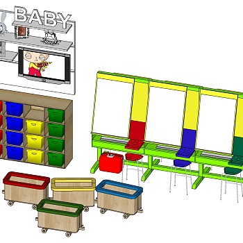 (18)现代儿童橱柜储物柜收纳箱画架木制火车收纳箱sketchup草图模型下载