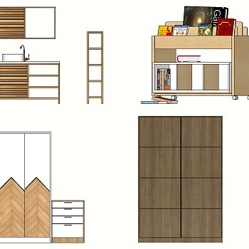 (6)现代木制储物柜衣柜橱柜洗手台盆书柜sketchup草图模型下载