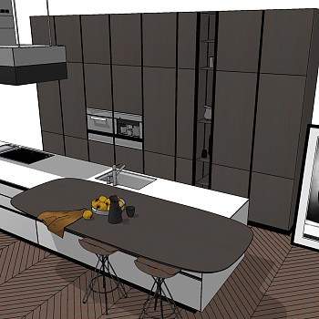 (7)现代北欧开放厨房简约橱柜水槽餐桌椅吸油烟机挂画中岛岛台sketchup草图模型下载