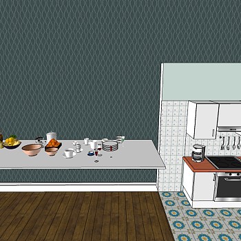 (11)现代简约厨房橱柜厨具蔬菜蔬菜果盘餐具烤箱组合厨房用品sketchup草图模型下载
