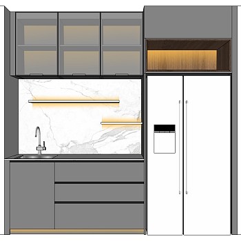 (6)现代厨柜仿大理石纹冰箱水槽组合橱柜水吧sketchup草图模型下载