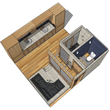 (3)日式木制厨柜厨房卫生间马桶淋浴花洒水槽鸟瞰图sketchup草图模型下载
