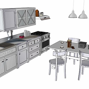 (15)地中海厨房橱柜厨柜厨具水槽餐桌椅吊灯灶具水槽sketchup草图模型下载