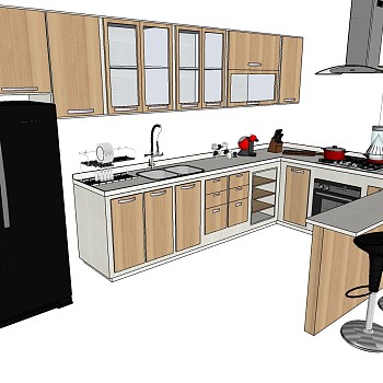 (16)现代厨房橱柜厨具水槽吸油烟机组合sketchup草图模型下载